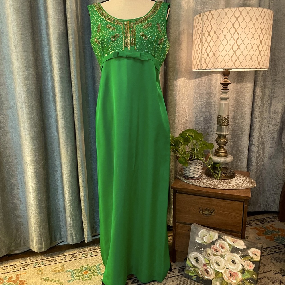 Vintage 60’s Green Beaded Sleeveless Maxi